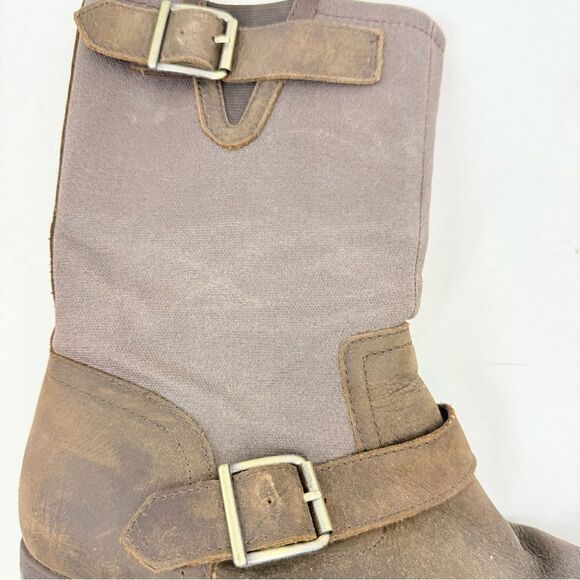 Hush Puppies Lola Brown Leather Canvas Buckle Side Zip Entry Mid Calf Boots - Picture 13 of 16